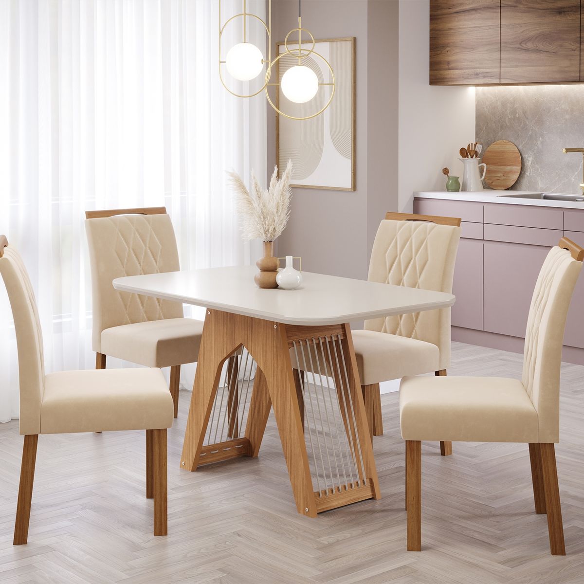 DECOCASA - Juego De Comedor Carolina 130 + 4 Sillas Juli Nude Decocasa