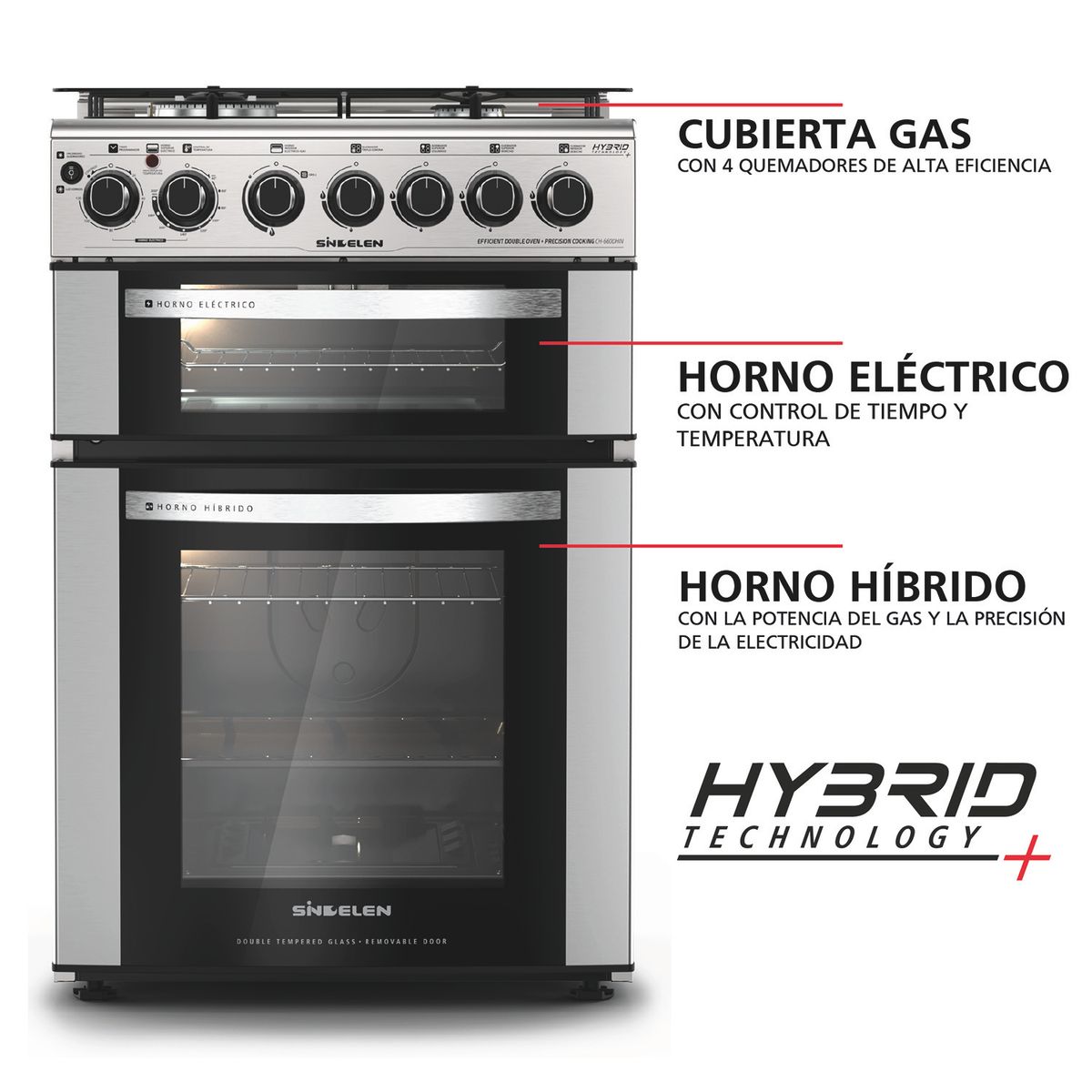 SINDELEN - Cocina 5 Quemadores Doble Horno Híbrido De 116 Lt Con Grill Gas Licuado Ch-770Dhin Sindelen