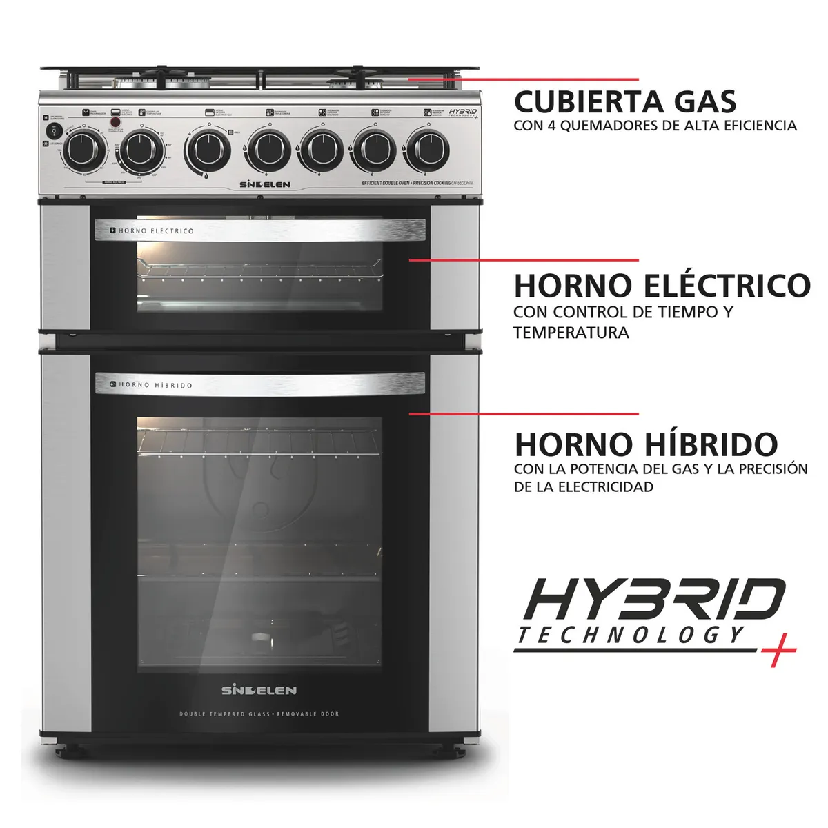 SINDELEN - Cocina 5 Quemadores Doble Horno Híbrido De 116 Lt Con Grill Gas Licuado Ch-770Dhin Sindelen
