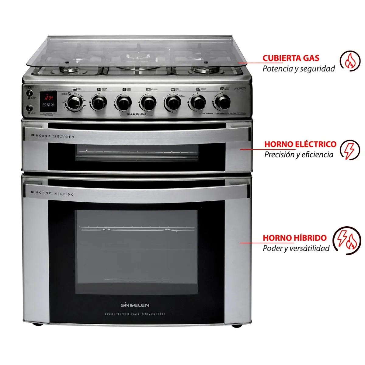 SINDELEN - Cocina 5 Quemadores Doble Horno Híbrido De 116 Lt Con Grill Gas Licuado Ch-770Dhin Sindelen