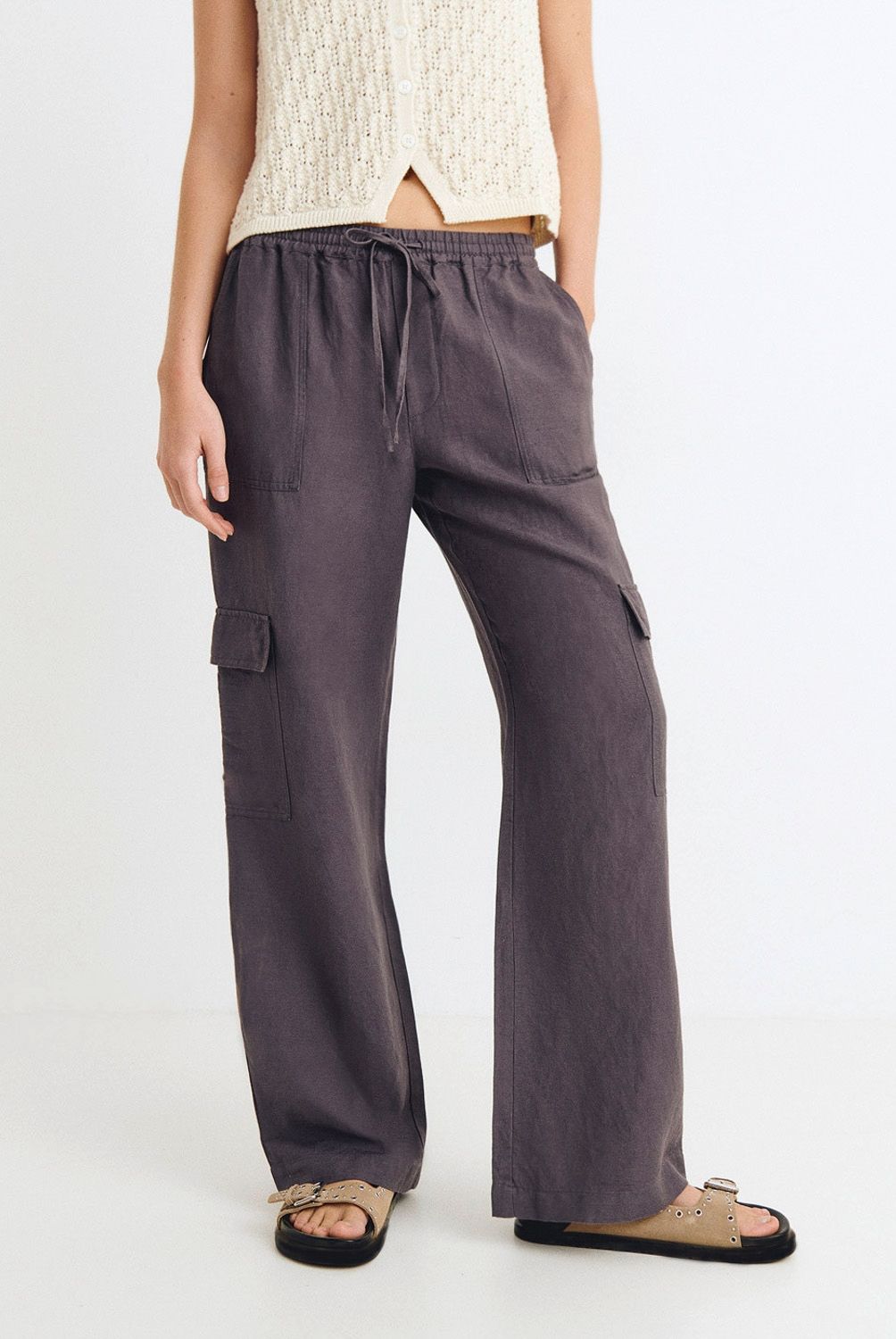 BROWNIE - Pantalón de Lino Bolsillos Cargo Mujer Brownie