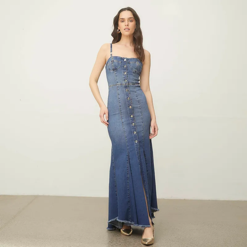 LIUJO - Vestido Largo Denim Tirantes Mujer   Liujo