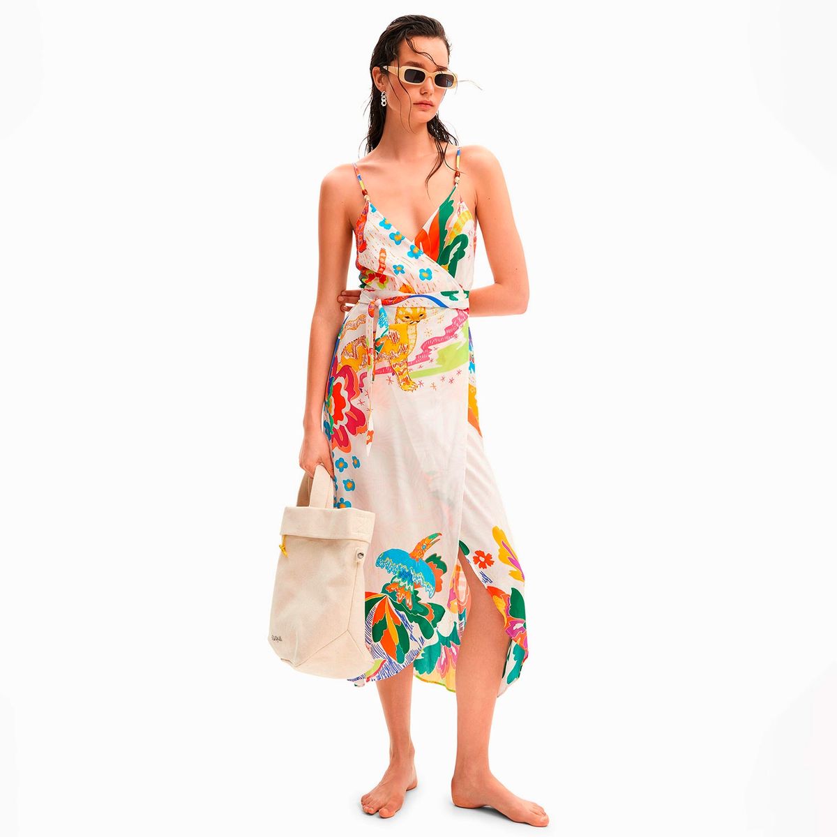 DESIGUAL - Vestido Midi Cruzado con Estampado de Jungla para Mujer