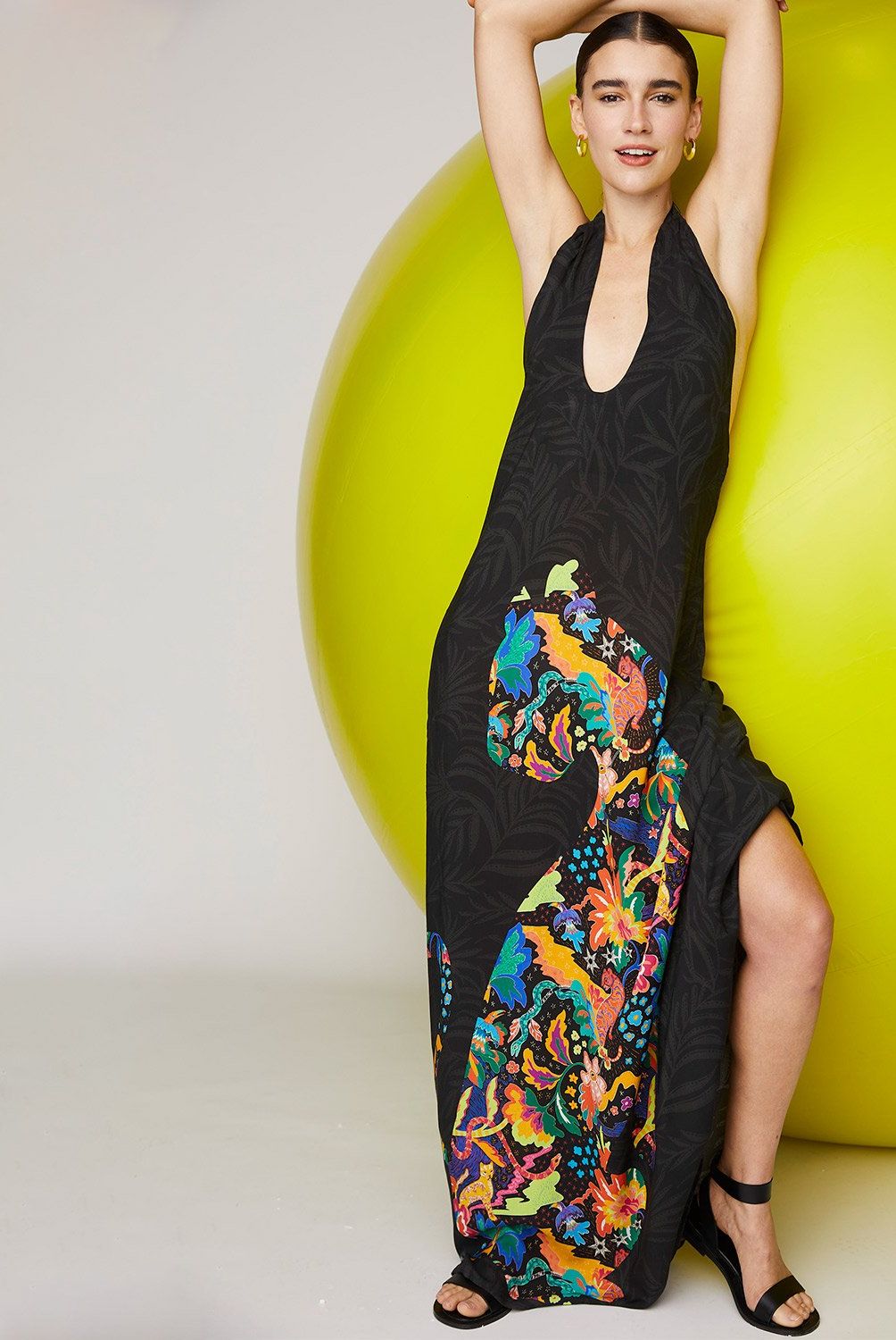 DESIGUAL - Vestido Maxi Halter con Dibujos de Jungla Desigual