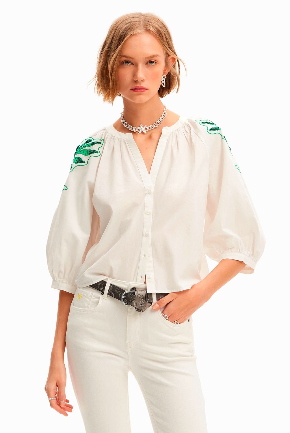 DESIGUAL - Blusa Cuello Pico Bordados Mujer Desigual