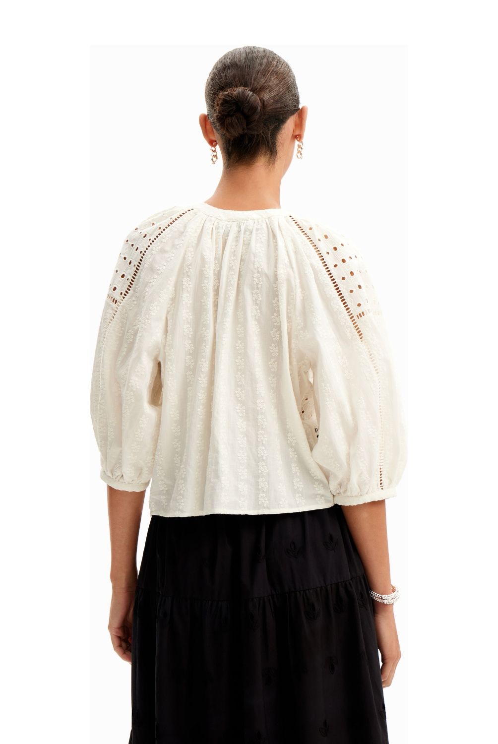 DESIGUAL - Blusa Cuello Pico Bordado Suizo Mujer Desigual
