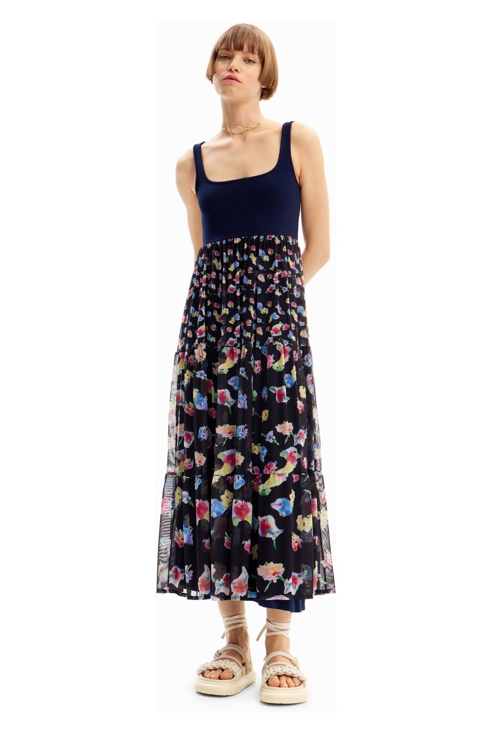 DESIGUAL - Vestido Midi Combinado Flores Mujer Desigual