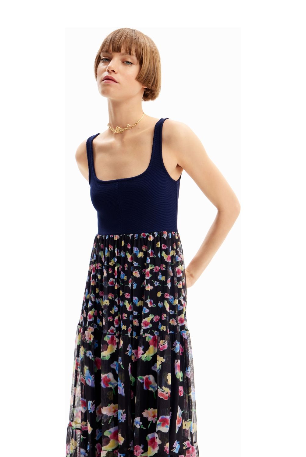 DESIGUAL - Vestido Midi Combinado Flores Mujer Desigual