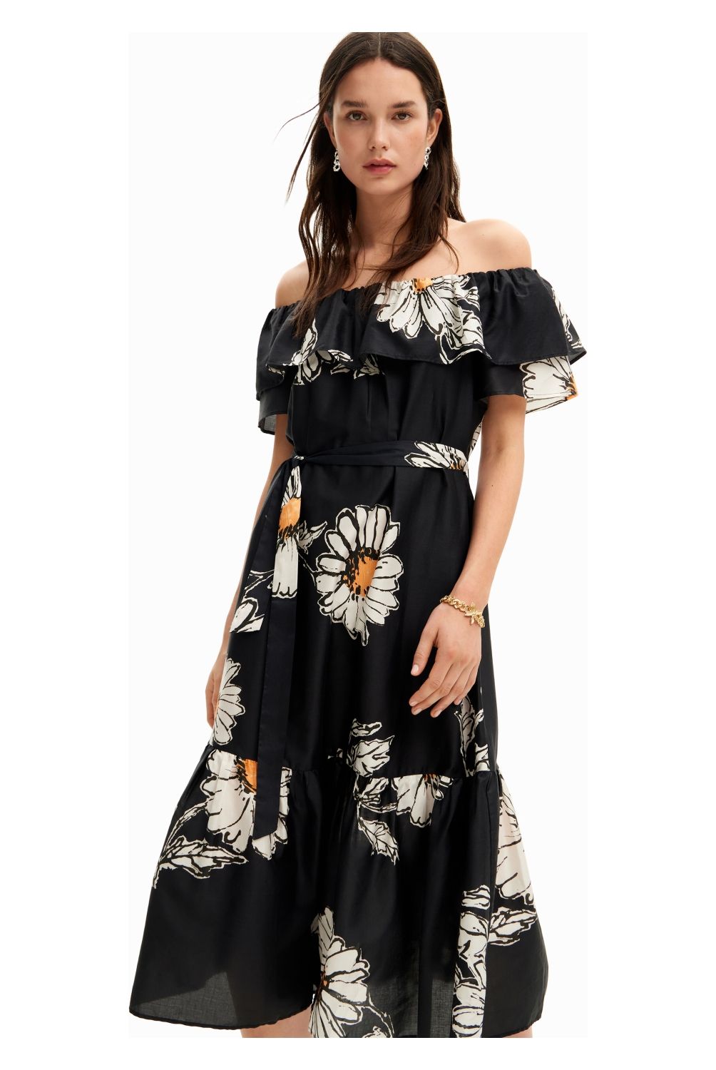 DESIGUAL - Vestido Midi Volante Margaritas Mujer Desigual