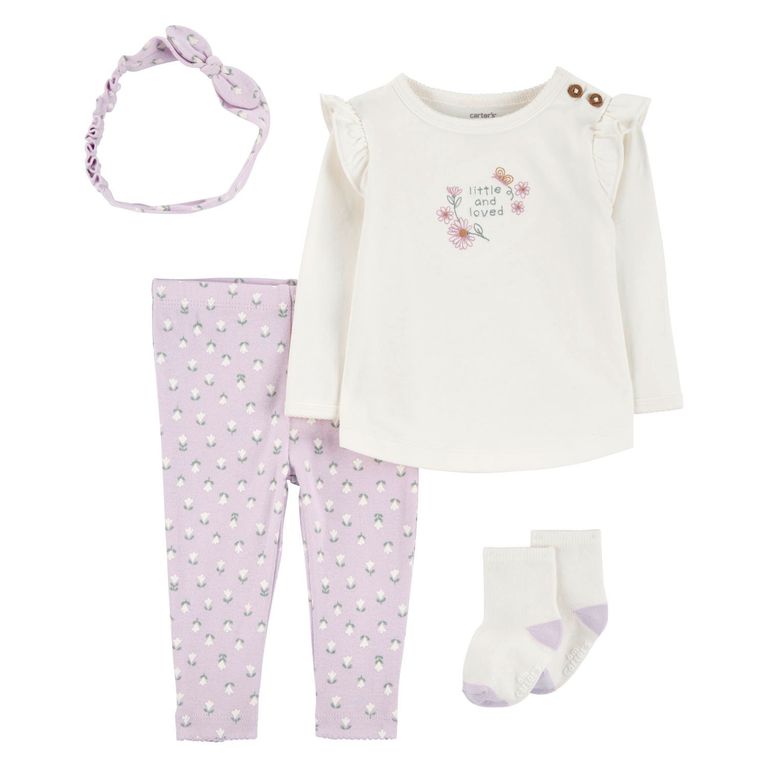 Conjunto 4 Piezas Polera, Calza, Cintinllo y Calcetines Bebé Niña