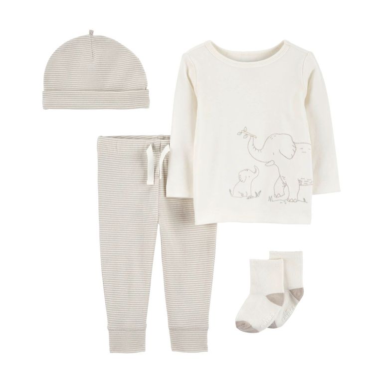 Conjunto 4 Piezas Polera, Pantalón, Gorro y Calcetines Unisex Bebé