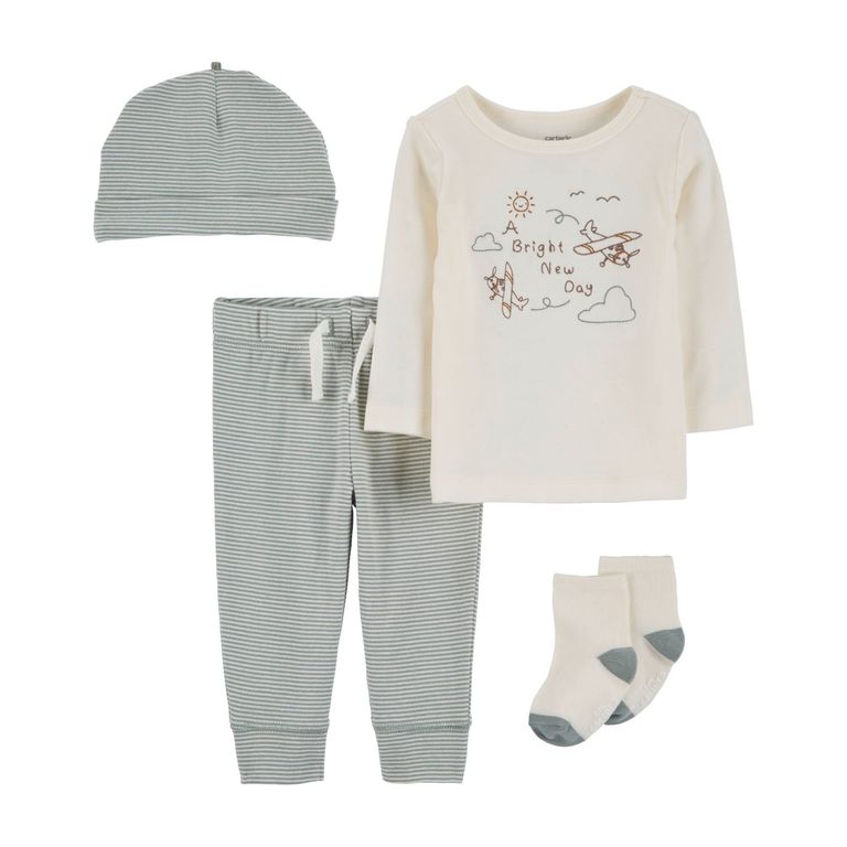 Conjunto 4 Piezas Polera, Pantalón, Gorro y Calcetines Bebé Niño