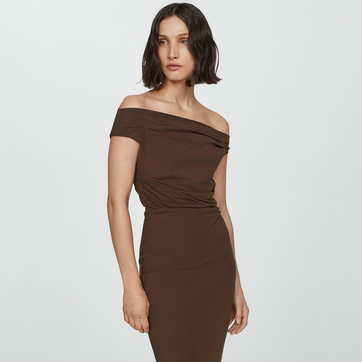 MANGO - Vestido Drapeado Hombros Descubiertos Mujer Mango