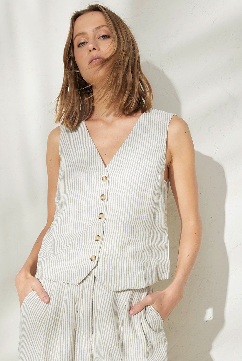 MANGO - Blazer Traje Lino Rayas Mujer Mango