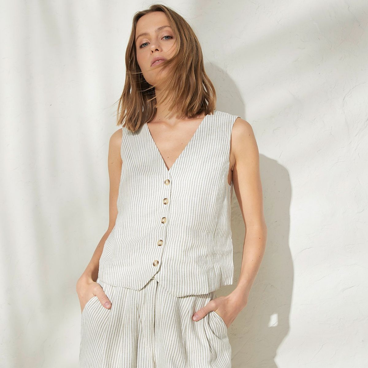 MANGO - Blazer Traje Lino Rayas Mujer Mango