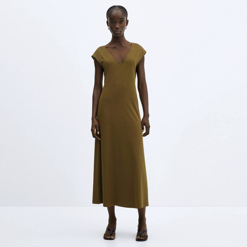 MANGO - Vestido Algodón Cuello Pico Mujer Mango