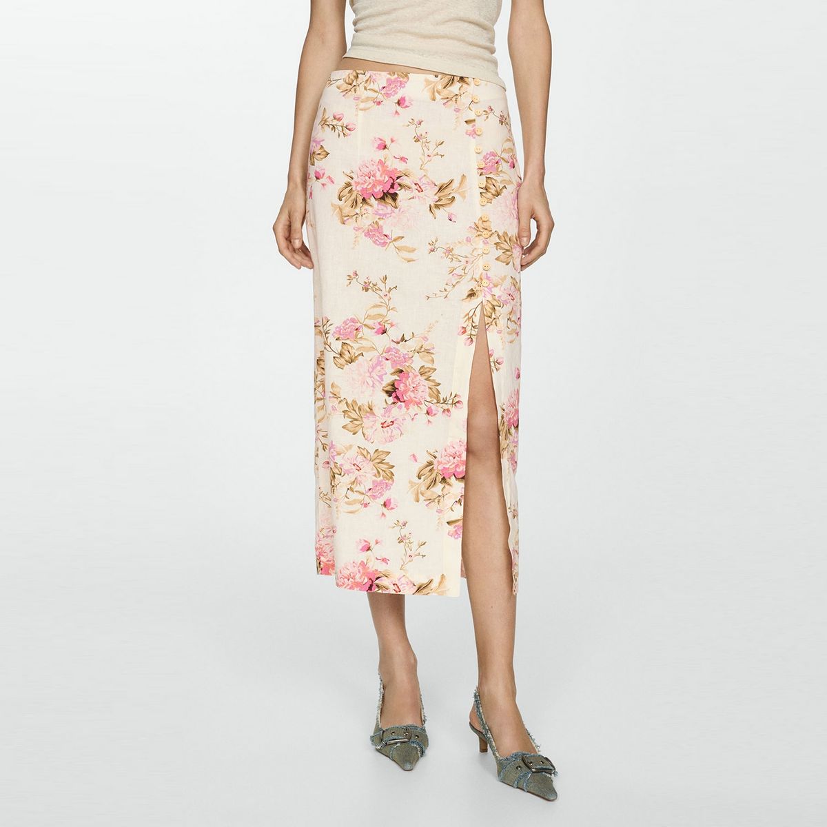 MANGO - Falda Lino Abertura Mujer Mango