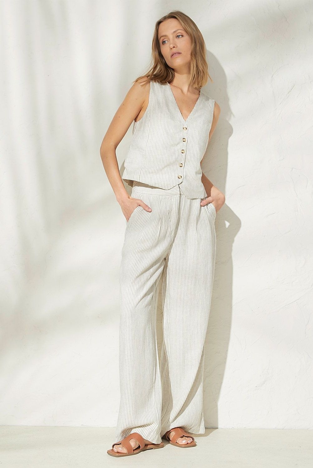 MANGO - Pantalón Traje Lino Rayas Mujer Mango