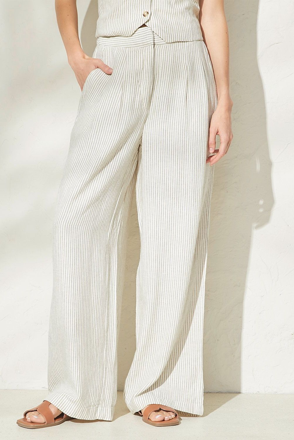 MANGO - Pantalón Traje Lino Rayas Mujer Mango