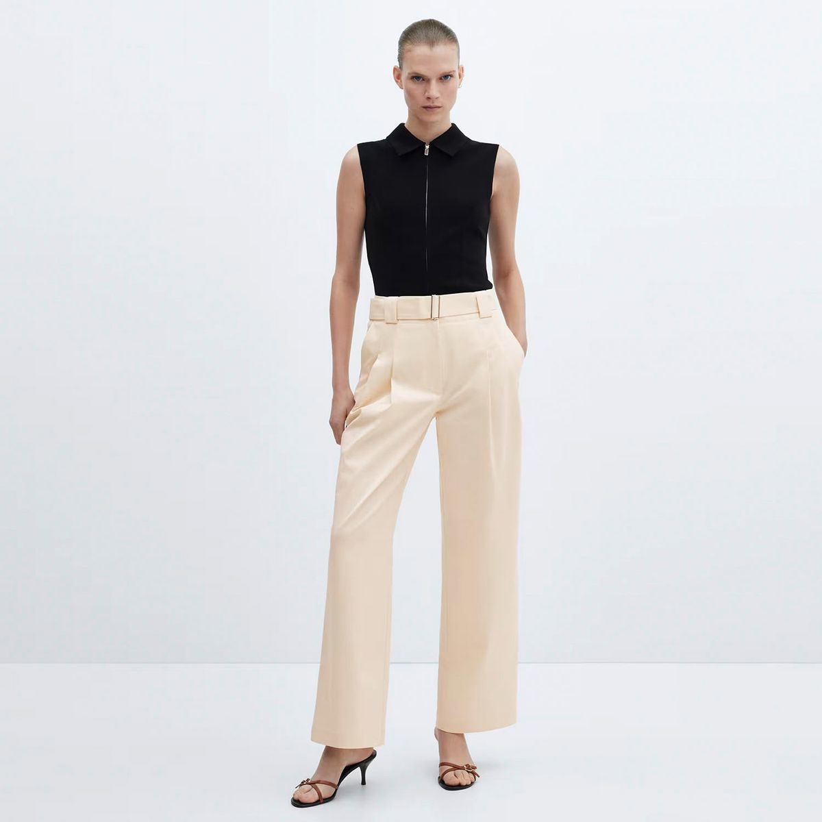 MANGO - Pantalón Pinzas Cinturón Mujer Mango