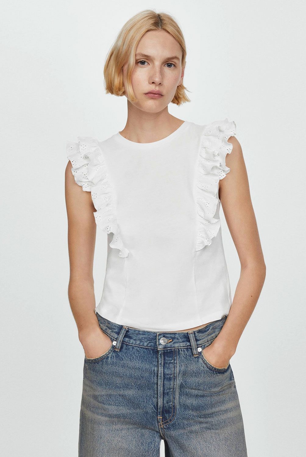 MANGO - Polera de Algodón con Volantes Mujer Mango