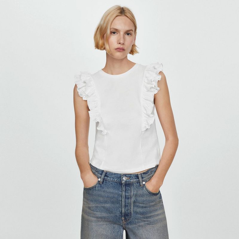 MANGO - Polera de Algodón con Volantes Mujer Mango