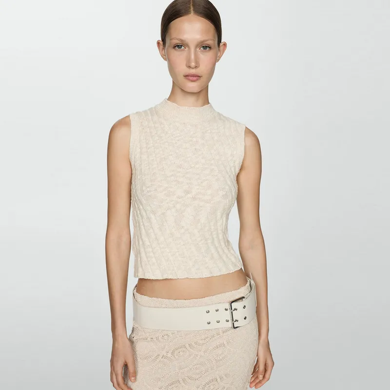 MANGO - Top Punto Canalé Cuello Perkins Mujer Mango