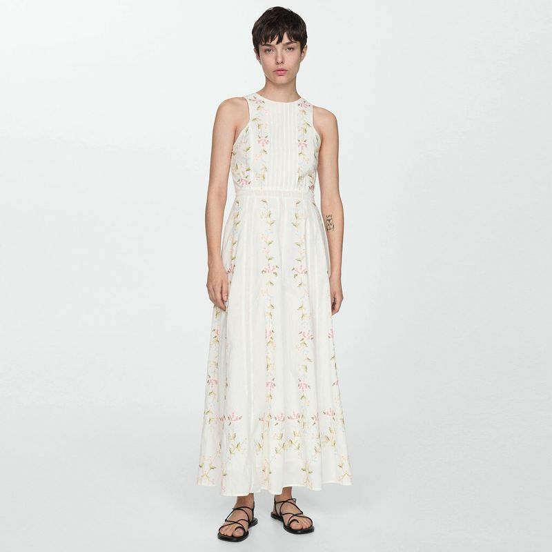 MANGO Vestido Bordado Algodón Mujer Mango