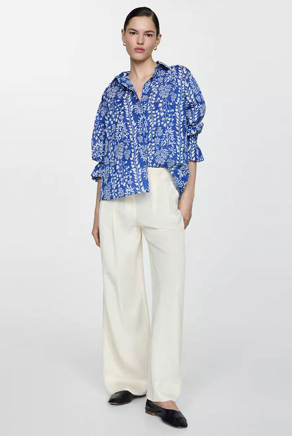 MANGO - Camisa Manga Fruncida Floral Mujer