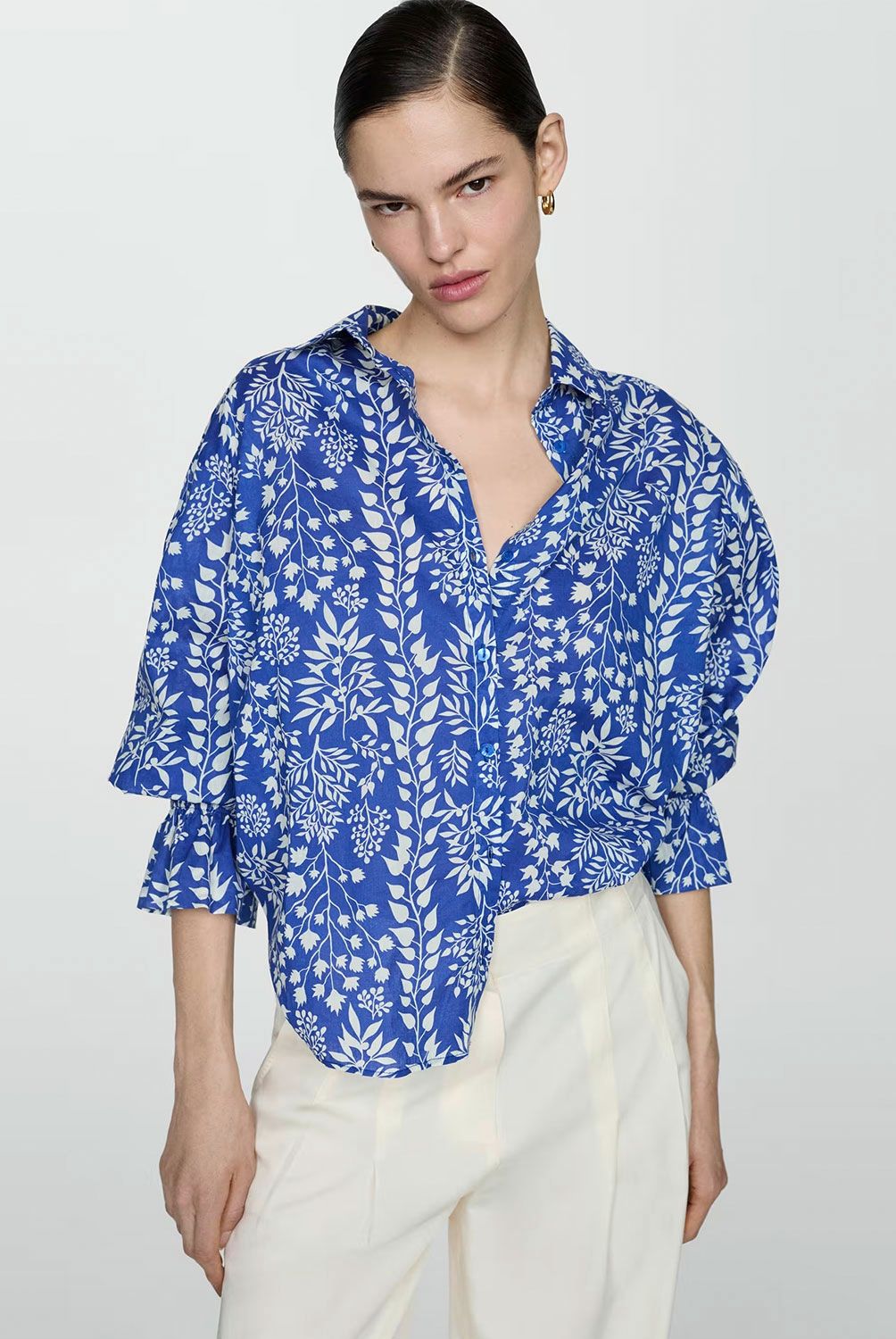 MANGO - Camisa Manga Fruncida Floral Mujer