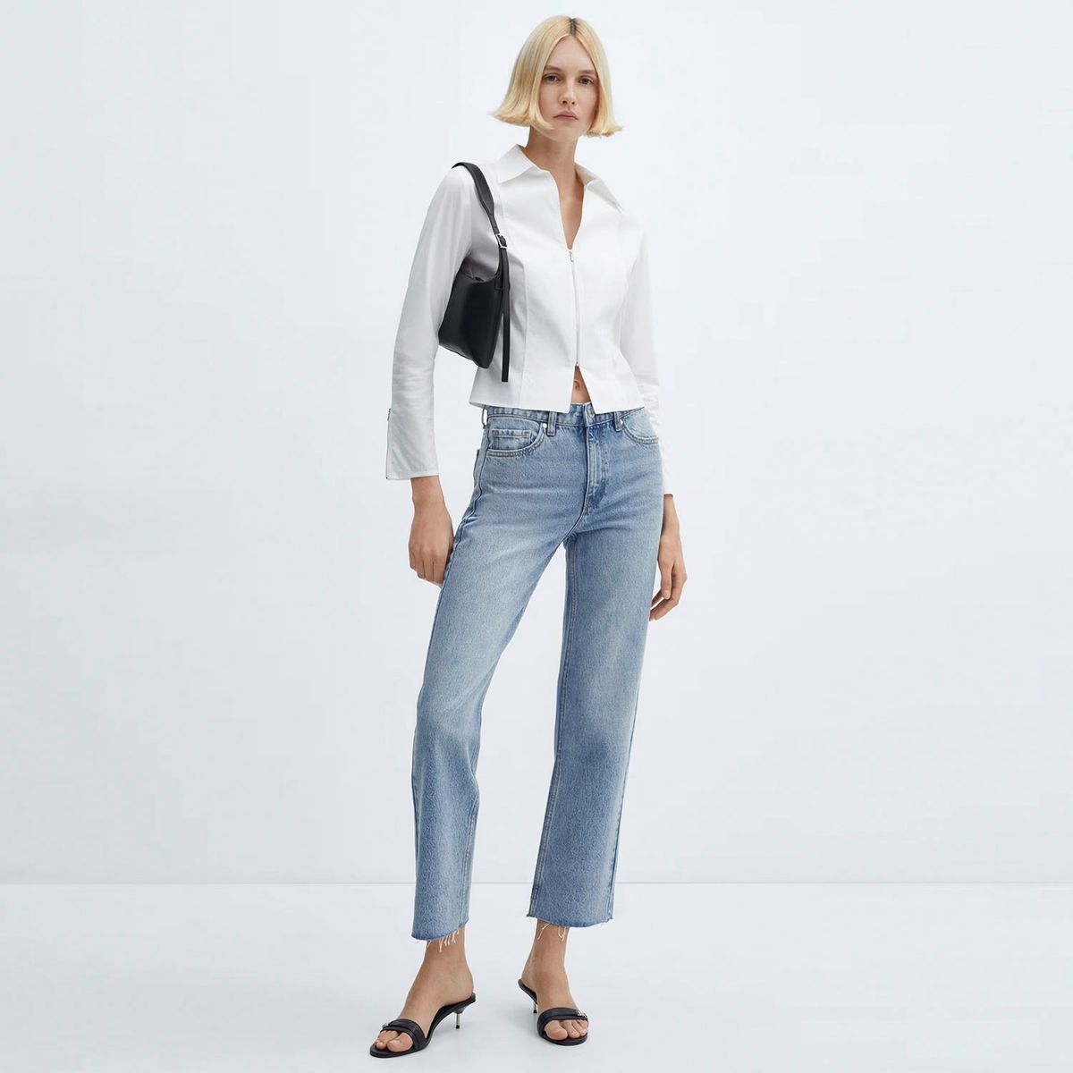 MANGO - Jeans Blanca Tiro Medio Rectos Crop Mujer Mango