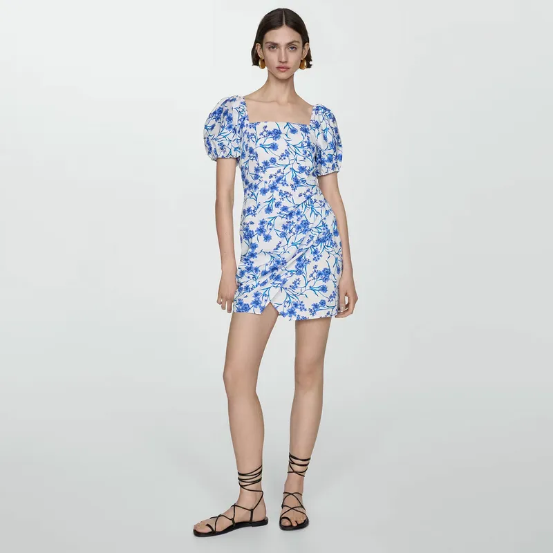 MANGO - Vestido Estampado Manga Abullonada Mujer Mango