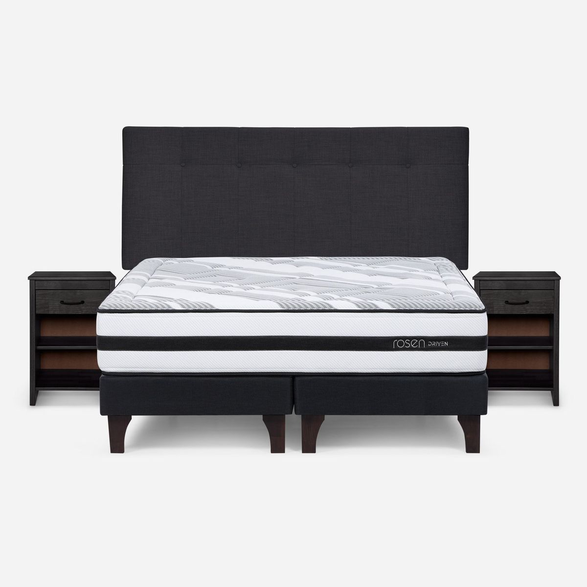 ROSEN - Cama Europea Driven 2 Plazas x 2.00mt Base Dividida + Respaldo + 2 Veladores Rosen