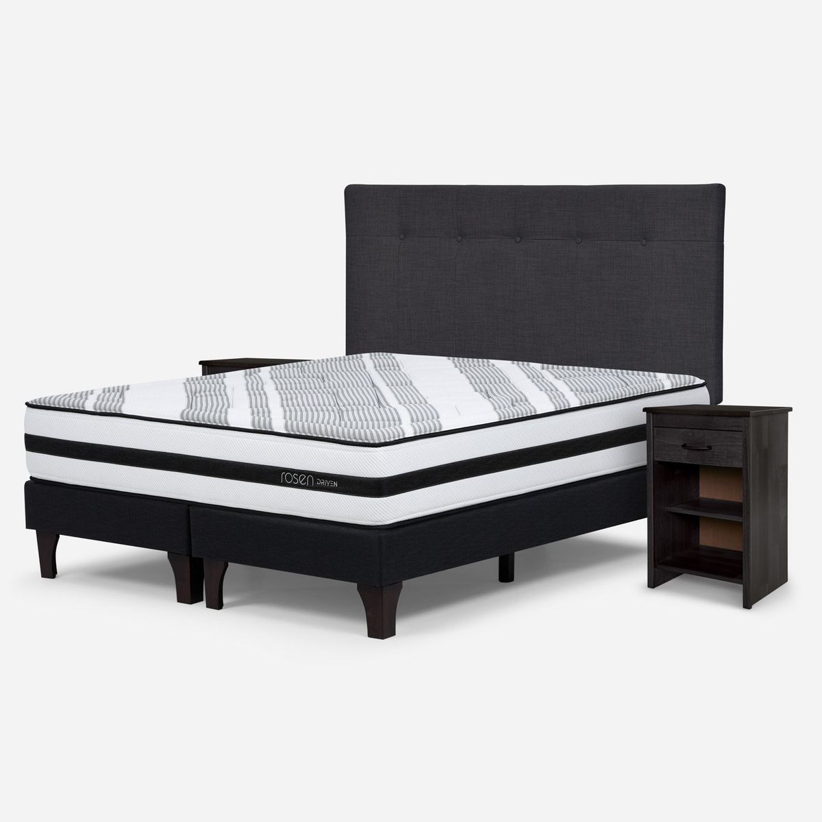 ROSEN - Cama Europea Driven 2 Plazas x 2.00mt Base Dividida + Respaldo + 2 Veladores Rosen