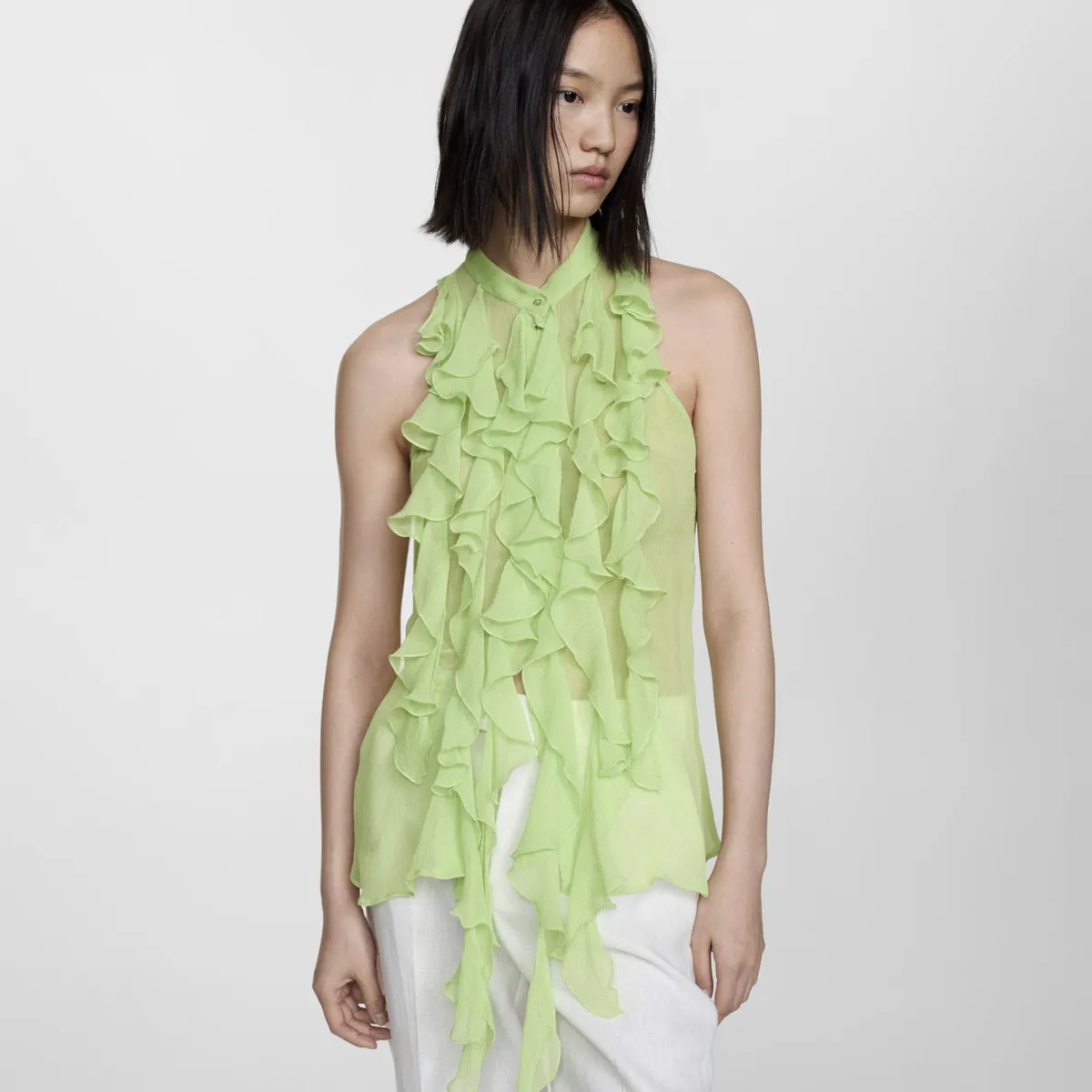 MANGO - Blusa Semitransparente Volantes Mujer Mango