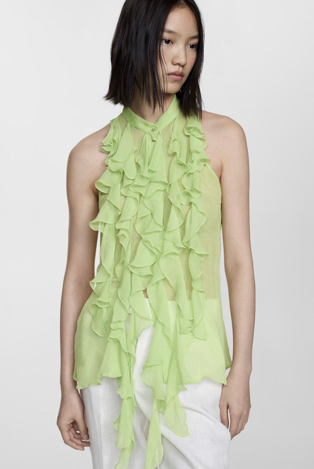 MANGO - Blusa Semitransparente Volantes Mujer Mango