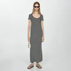 MANGO - Vestido a Rayas Manga Corta Largo Mujer