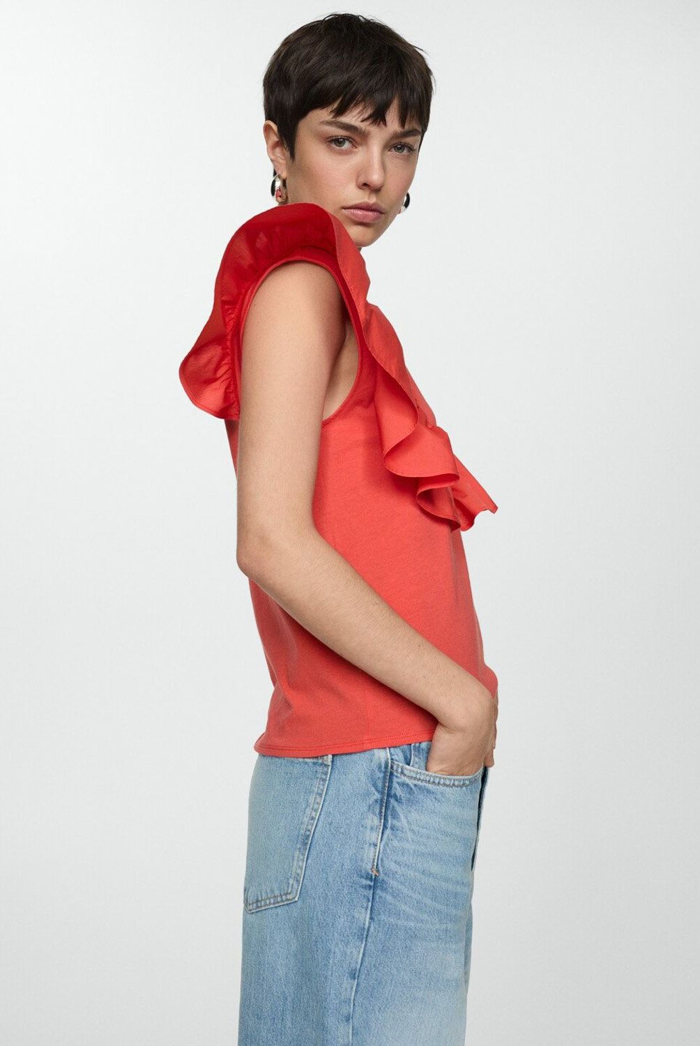 MANGO - Polera 100% Algodón con Volantes Mujer Mango
