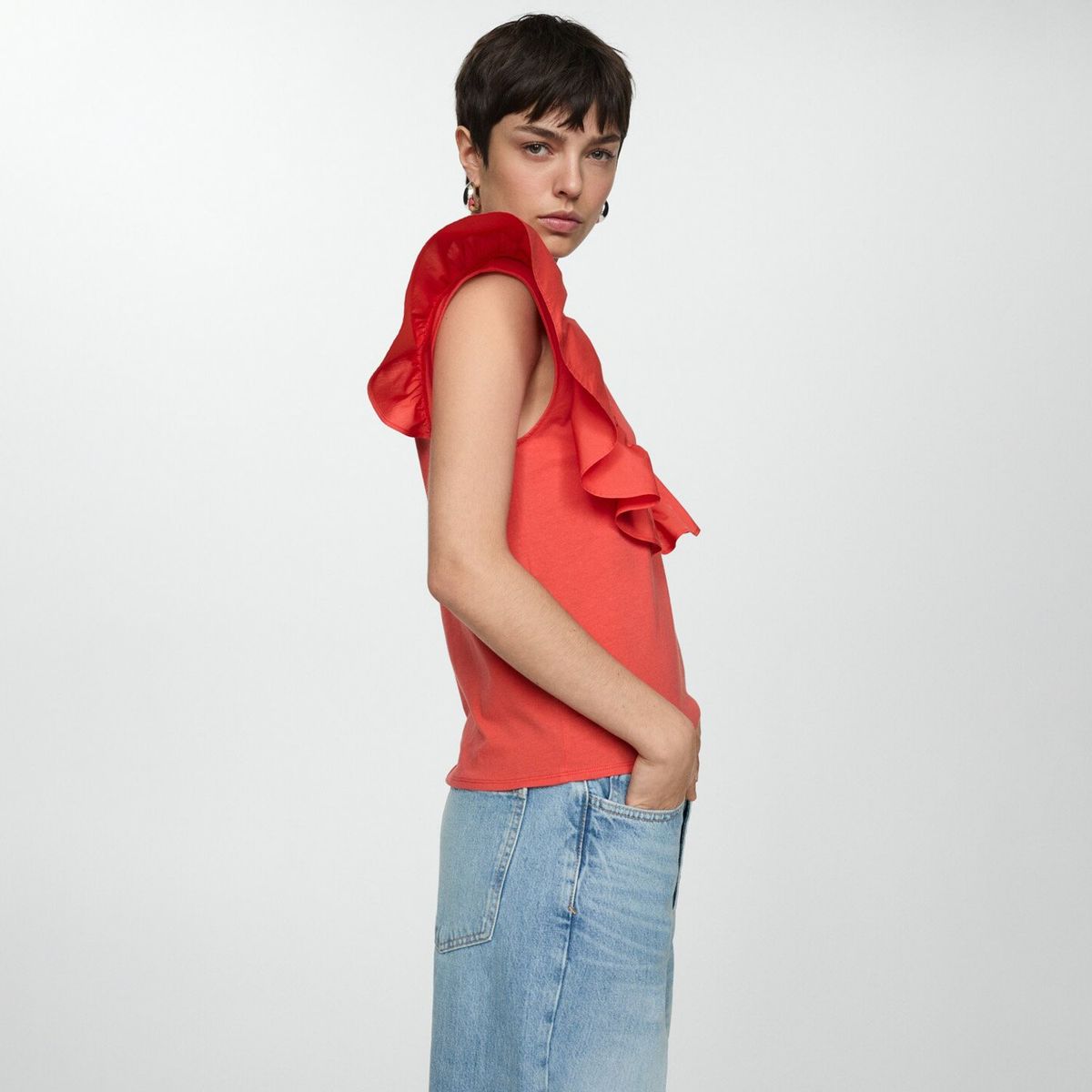 MANGO - Polera 100% Algodón con Volantes Mujer Mango