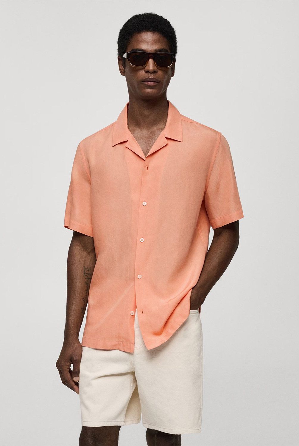 MANGO MAN - Camisa Tencel Cuello Bowling Hombre Mango Man