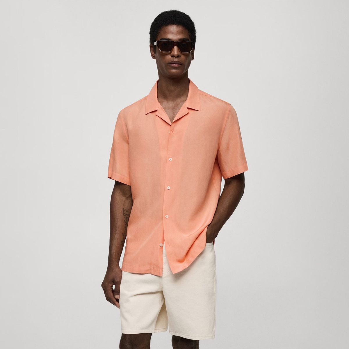 MANGO MAN - Camisa Tencel Cuello Bowling Hombre Mango Man