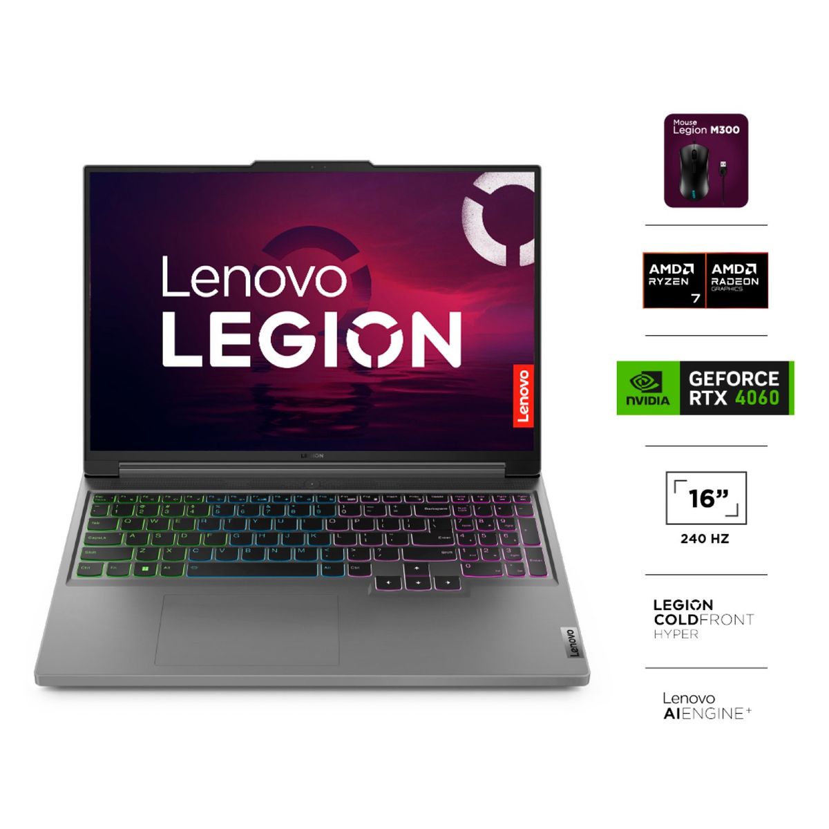 LENOVO - Notebook Gamer Legion Slim 5 AMD Ryzen 7 AI 8840HS 16GB RAM 1TB SSD 16" WQXGA 240Hz RTX 4060 + Mouse y Mouse Pad Lenovo