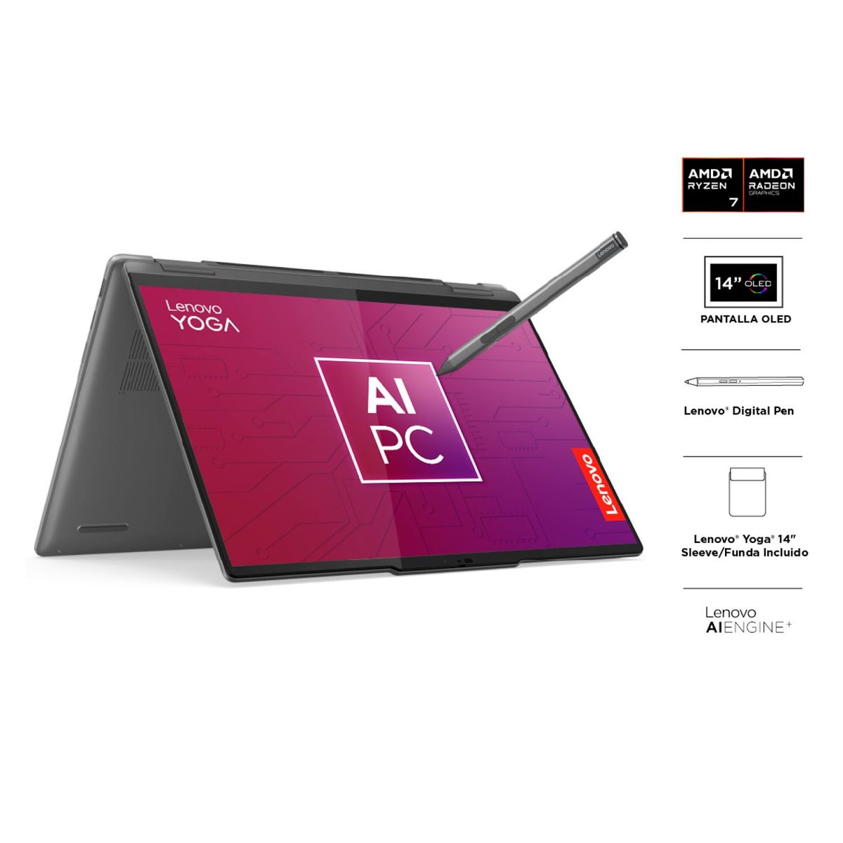 LENOVO - Notebook Yoga 7 2en1 Ryzen 7 AI 8840HS 16GB RAM 1TB SSD 14" OLED Táctil + Lápiz + Sleeve Lenovo