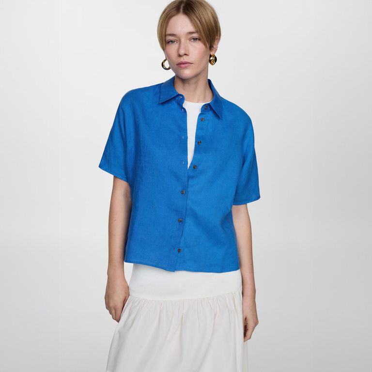 MANGO Camisa de Lino de Manga Corta para Mujer