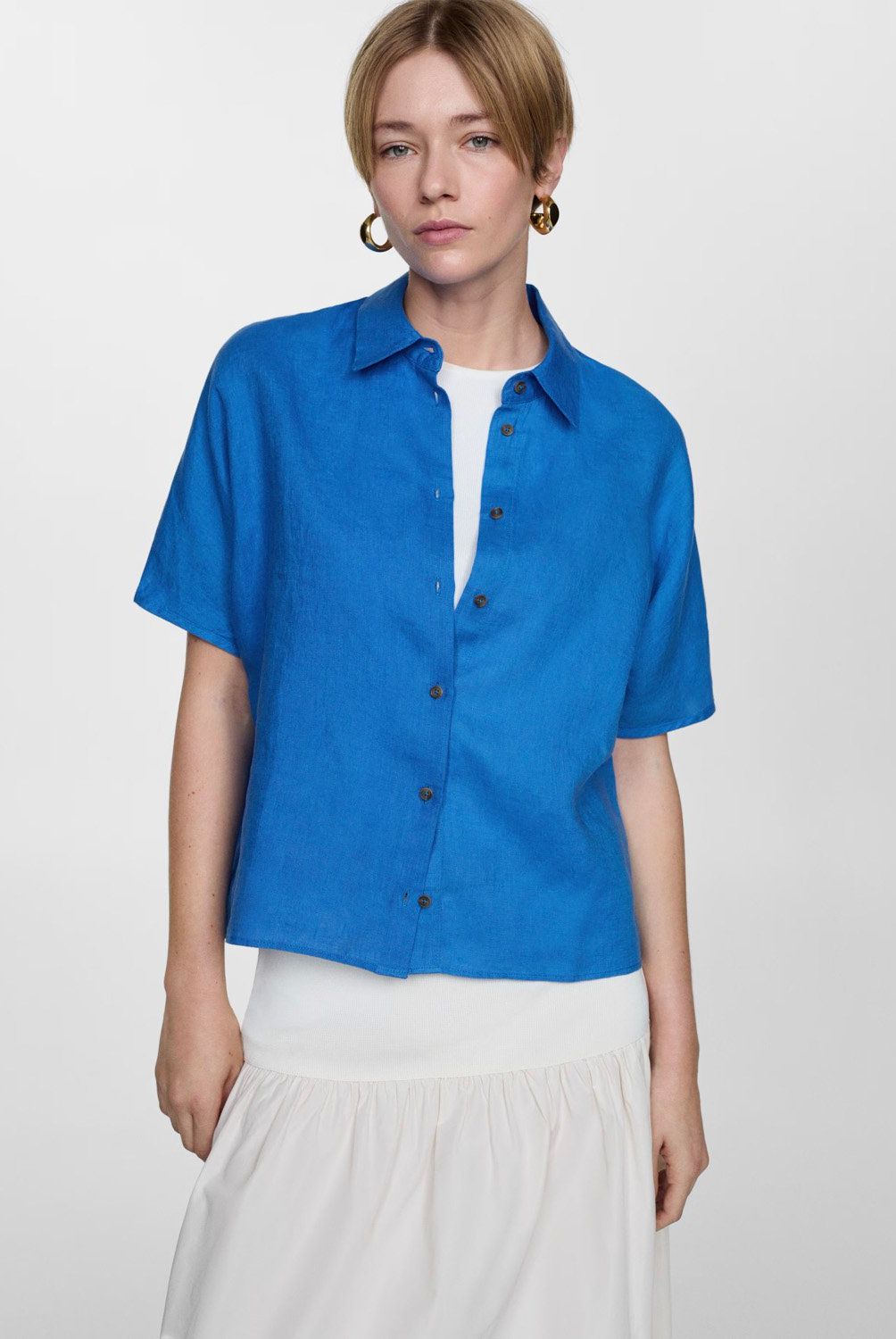 MANGO - Camisa de Lino de Manga Corta para Mujer Mango