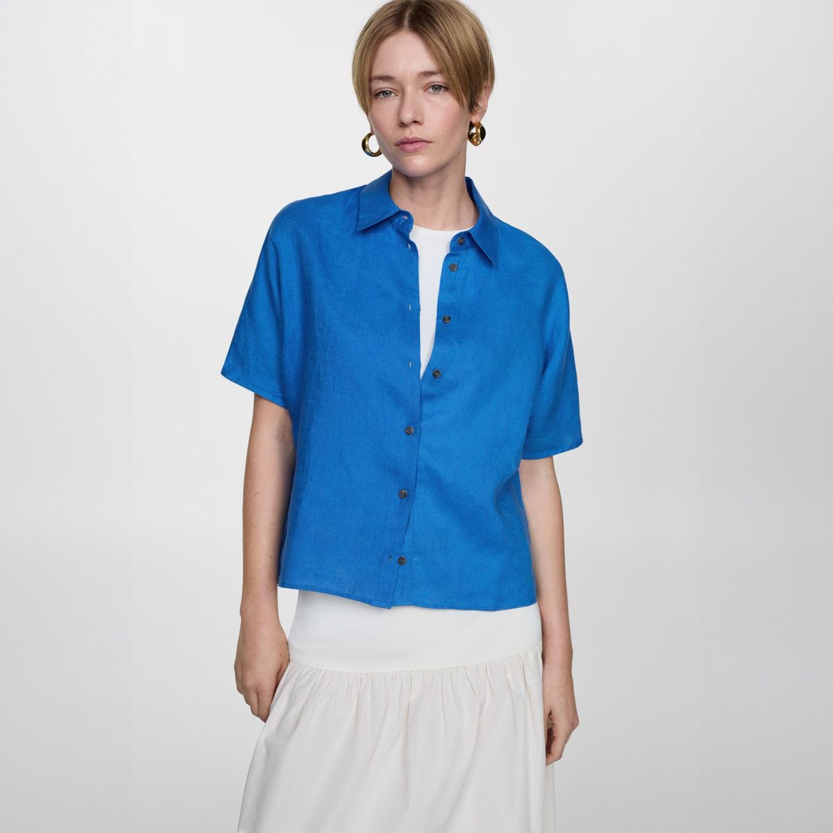 MANGO - Camisa de Lino de Manga Corta para Mujer Mango