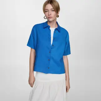 MANGO - Camisa de Lino de Manga Corta para Mujer