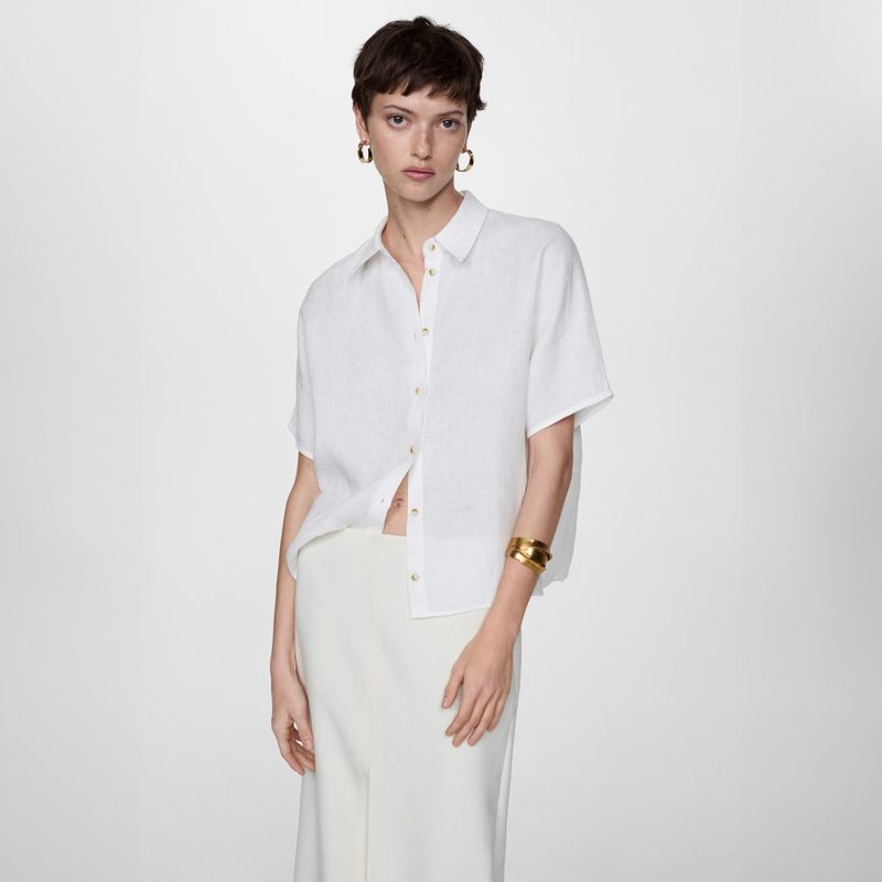 MANGO - Camisa de Lino de Manga Corta para Mujer Mango
