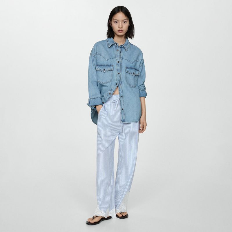 MANGO - Pantalón Rayas Bordado Mujer Mango
