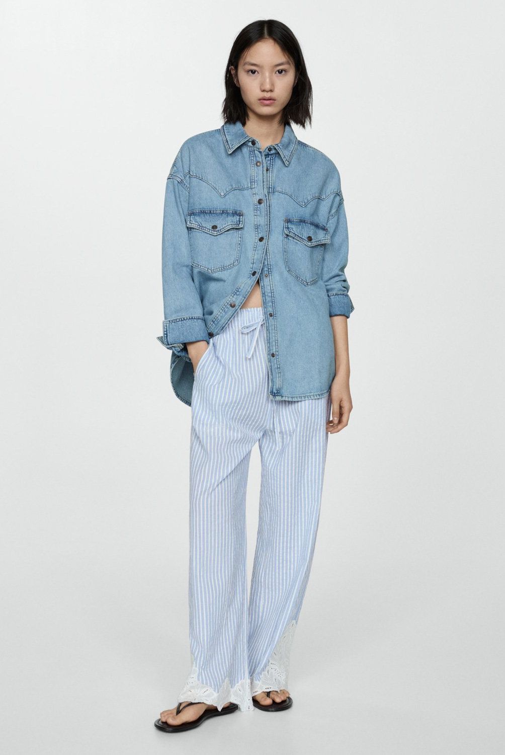 MANGO - Pantalón Rayas Bordado Mujer Mango